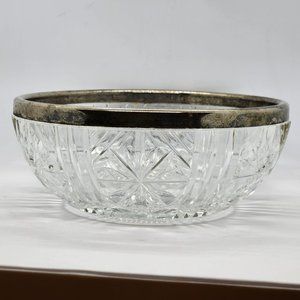 Vintage Crystal Clear Cut Glass Bowl With Silver Rim 9 inches wide 3.5" tall.